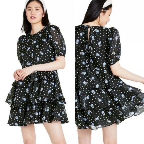 Sandy Liang For Target Dress Small Floral Short Puff Sleeve Tiered Polka Dot New - Picture 1 of 17